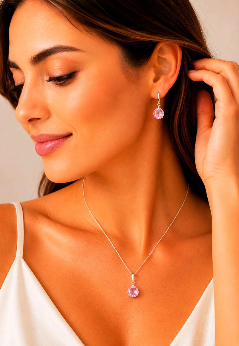 CONJUNTO JOYAS MONTERO PLATA ITALIANA 925 GRACIA Y CRISTALES GENUINOS LIGHT ROSE - 4