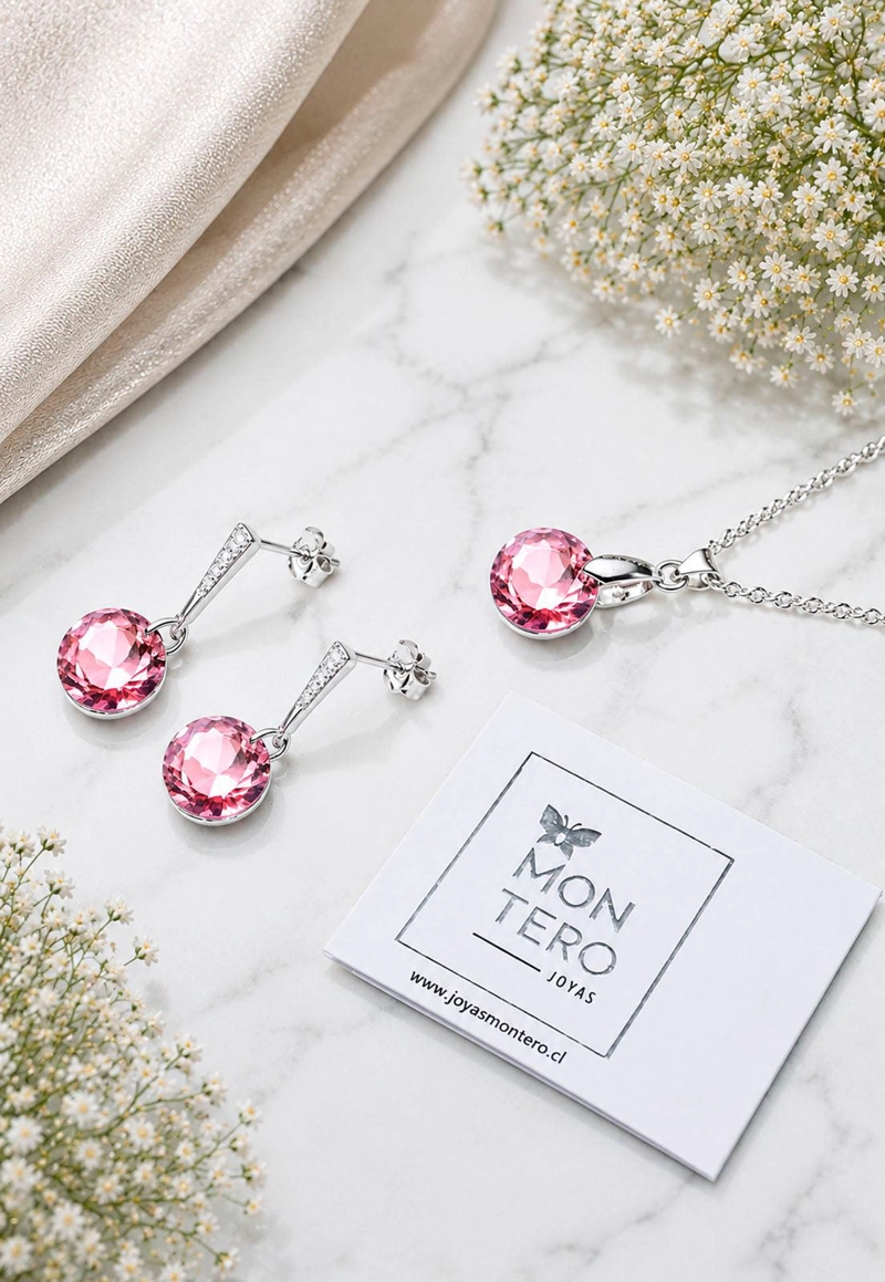 CONJUNTO JOYAS MONTERO PLATA ITALIANA 925 GRACIA Y CRISTALES GENUINOS LIGHT ROSE - 5