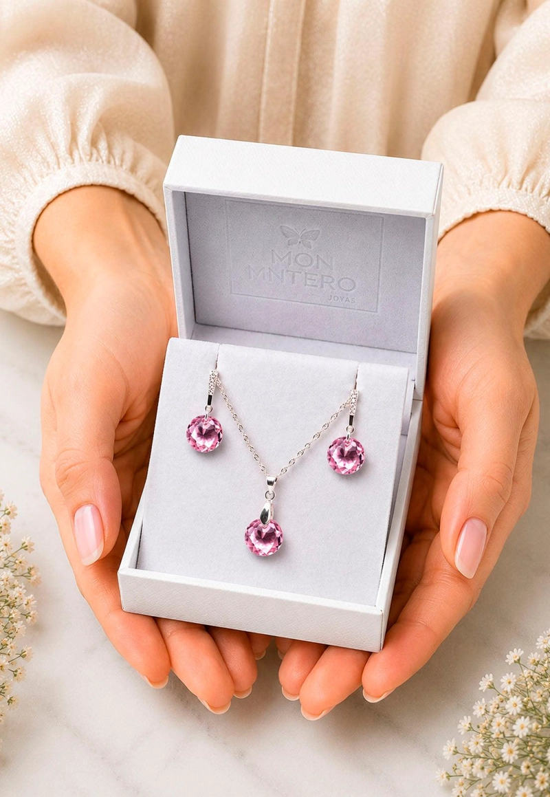 CONJUNTO JOYAS MONTERO PLATA ITALIANA 925 GRACIA Y CRISTALES GENUINOS LIGHT ROSE - 6