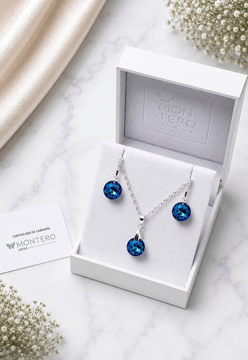 CONJUNTO JOYAS MONTERO PLATA ITALIANA 925 GRACIA Y CRISTALES GENUINOS BERMUDA BLUE - 2