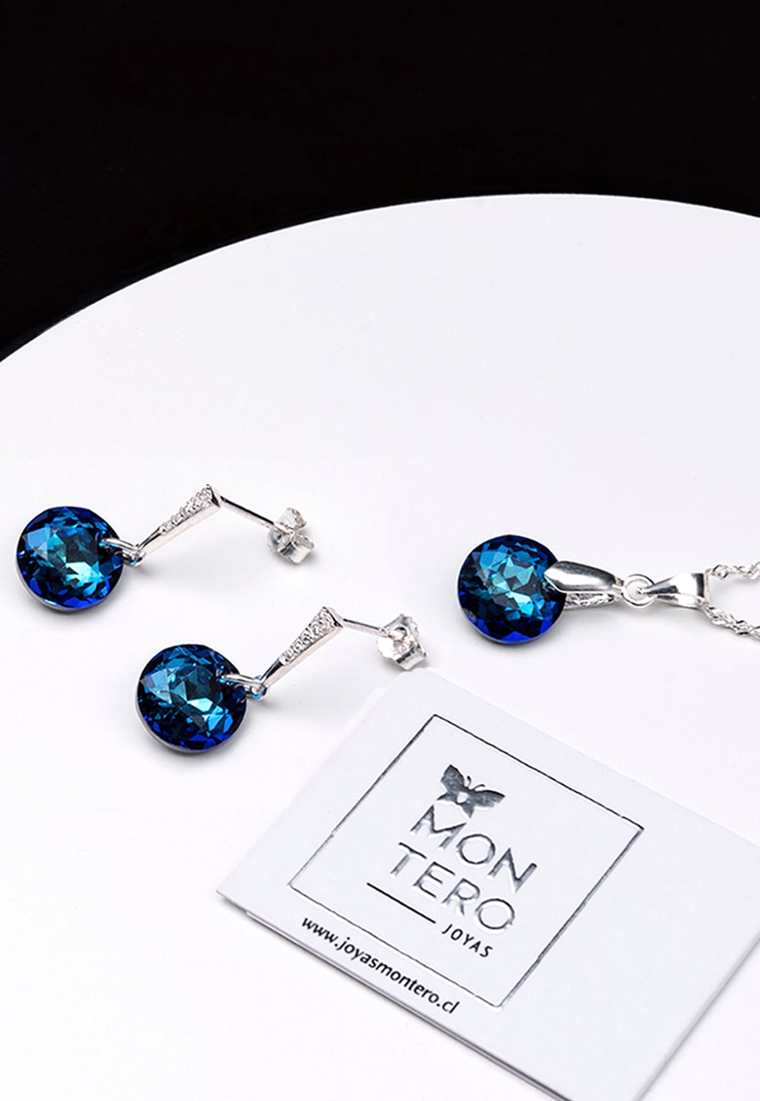 CONJUNTO JOYAS MONTERO PLATA ITALIANA 925 GRACIA Y CRISTALES GENUINOS BERMUDA BLUE - 2