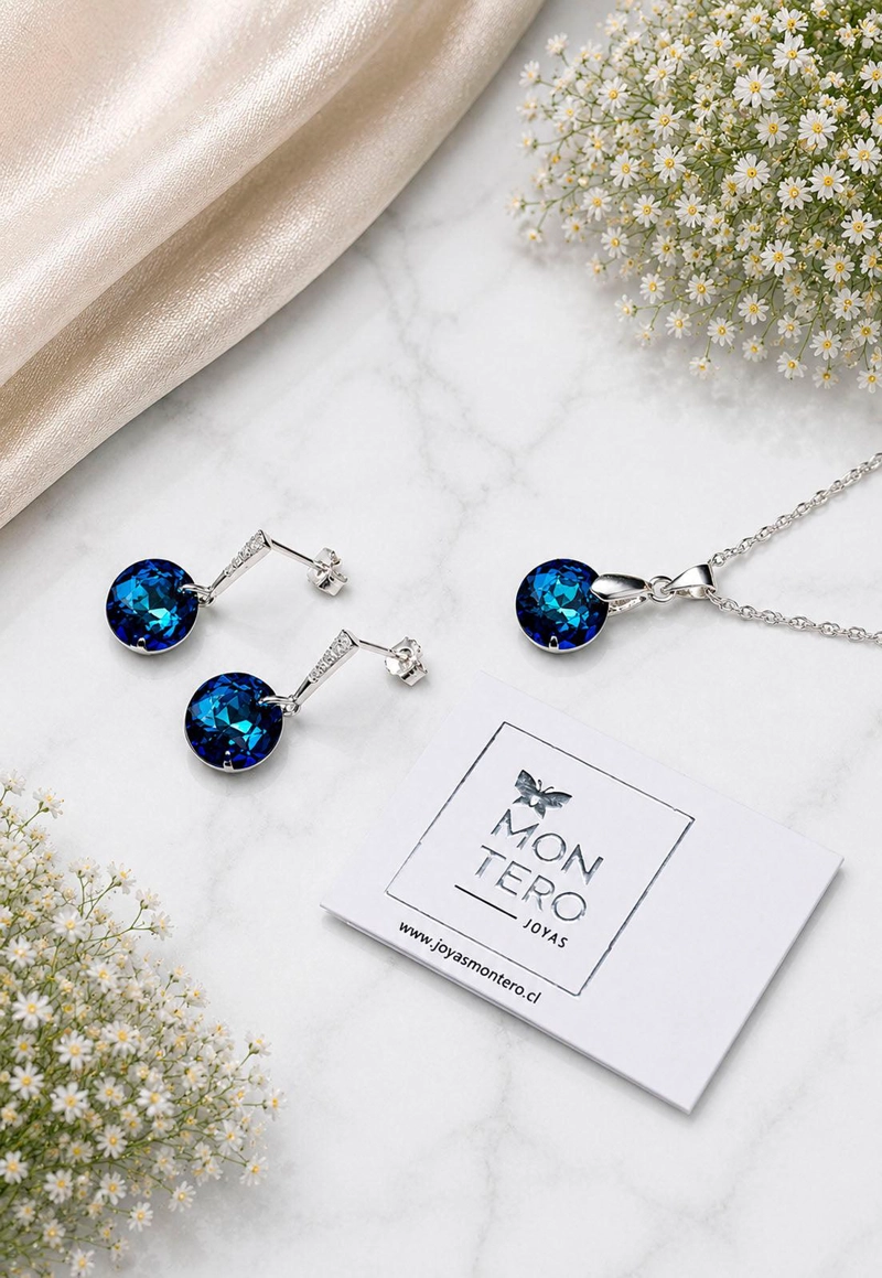 CONJUNTO JOYAS MONTERO PLATA ITALIANA 925 GRACIA Y CRISTALES GENUINOS BERMUDA BLUE - 3