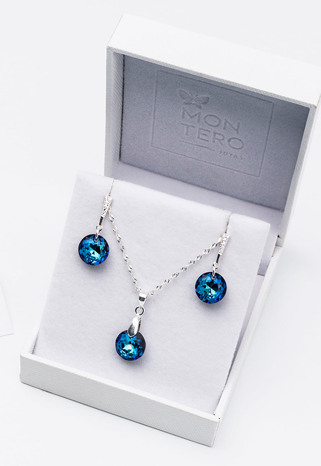 CONJUNTO JOYAS MONTERO PLATA ITALIANA 925 GRACIA Y CRISTALES GENUINOS BERMUDA BLUE - 3