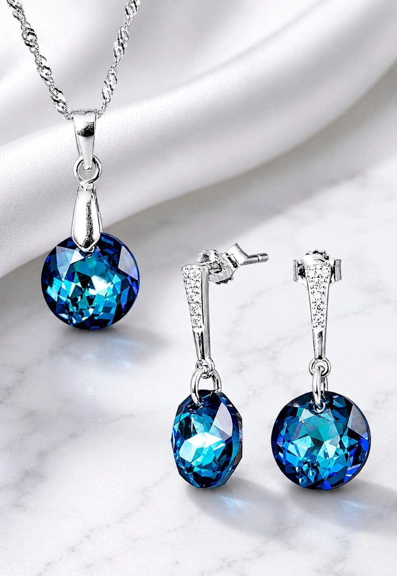CONJUNTO JOYAS MONTERO PLATA ITALIANA 925 GRACIA Y CRISTALES GENUINOS BERMUDA BLUE - 5