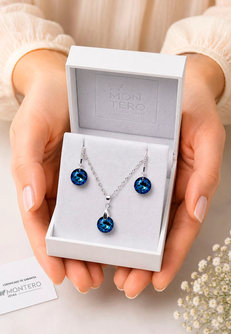 CONJUNTO JOYAS MONTERO PLATA ITALIANA 925 GRACIA Y CRISTALES GENUINOS BERMUDA BLUE - 6