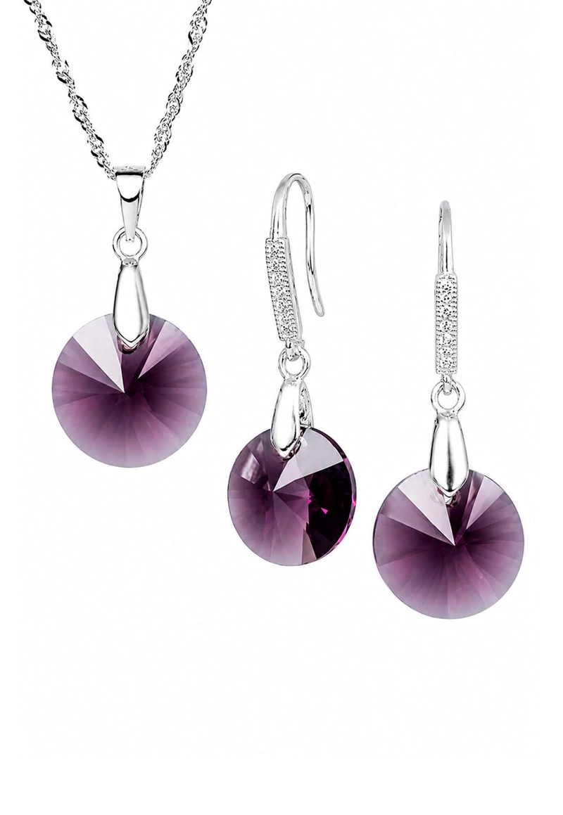 CONJUNTO JOYAS MONTERO PLATA ITALIANA 925 AROS + COLLAR MADRID Y CRISTALES GENUINOS AMETHYSTE - 1