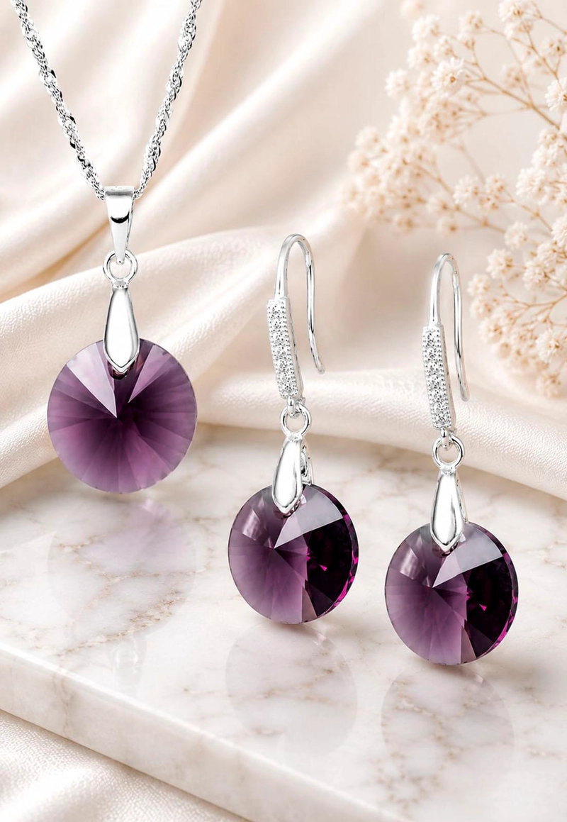 CONJUNTO JOYAS MONTERO PLATA ITALIANA 925 AROS + COLLAR MADRID Y CRISTALES GENUINOS AMETHYSTE - 2
