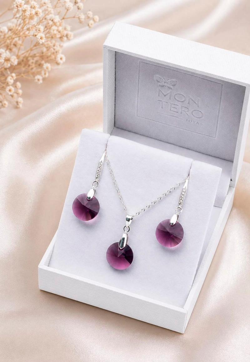 CONJUNTO JOYAS MONTERO PLATA ITALIANA 925 AROS + COLLAR MADRID Y CRISTALES GENUINOS AMETHYSTE - 3