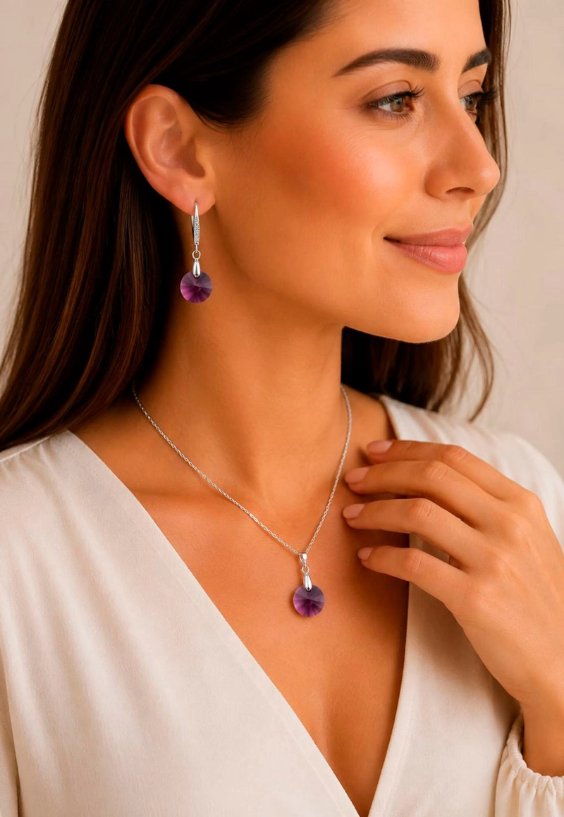 CONJUNTO JOYAS MONTERO PLATA ITALIANA 925 AROS + COLLAR MADRID Y CRISTALES GENUINOS AMETHYSTE - 4