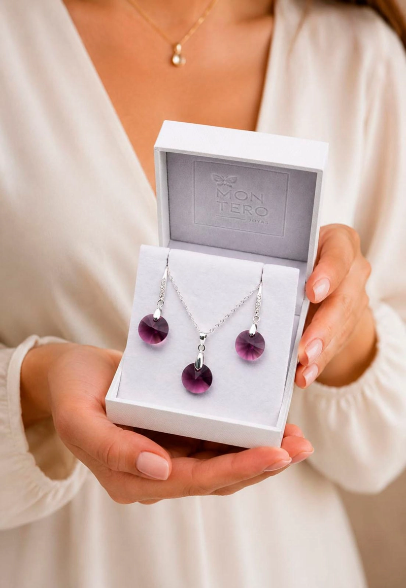 CONJUNTO JOYAS MONTERO PLATA ITALIANA 925 AROS + COLLAR MADRID Y CRISTALES GENUINOS AMETHYSTE - 5