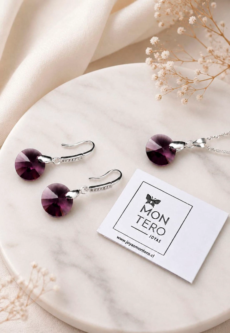 CONJUNTO JOYAS MONTERO PLATA ITALIANA 925 AROS + COLLAR MADRID Y CRISTALES GENUINOS AMETHYSTE - 6