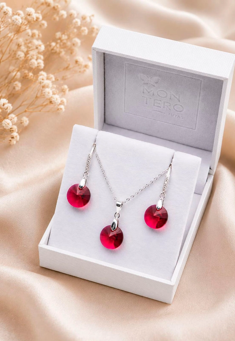 CONJUNTO JOYAS MONTERO PLATA ITALIANA 925 AROS + COLLAR MADRID Y CRISTALES GENUINOS SCARLETH - 3