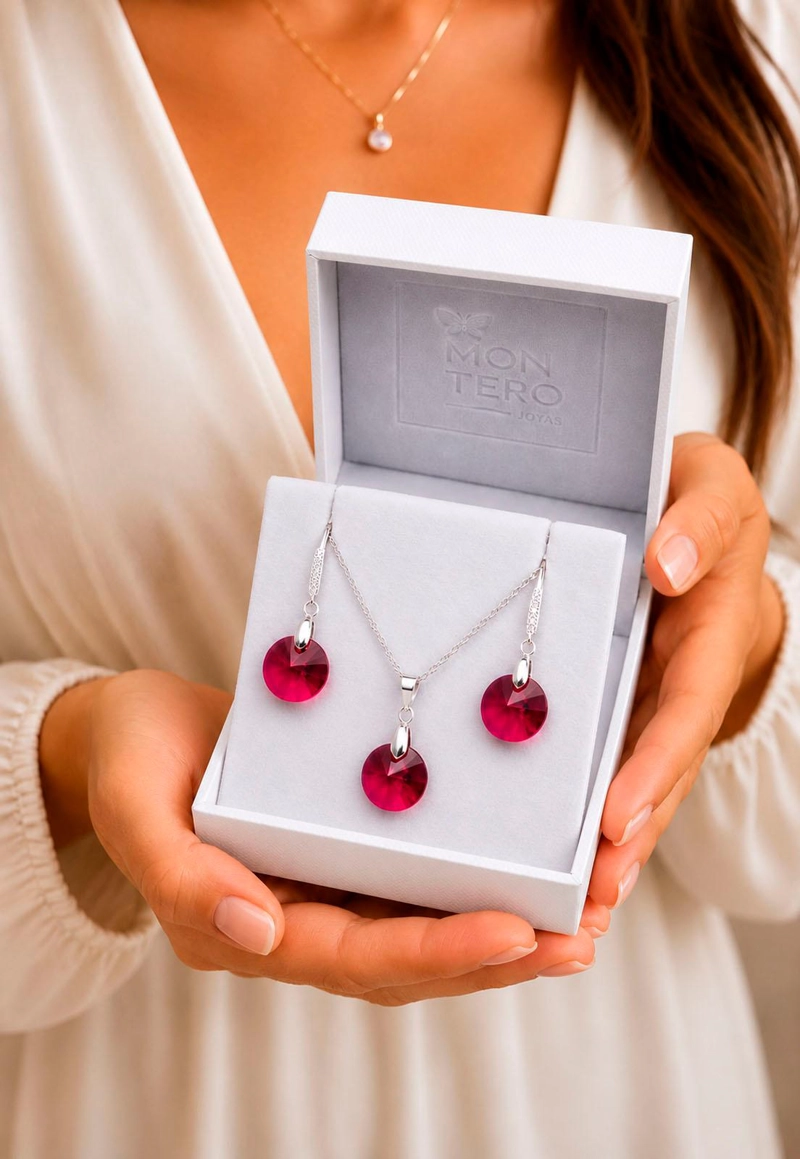 CONJUNTO JOYAS MONTERO PLATA ITALIANA 925 AROS + COLLAR MADRID Y CRISTALES GENUINOS SCARLETH - 4