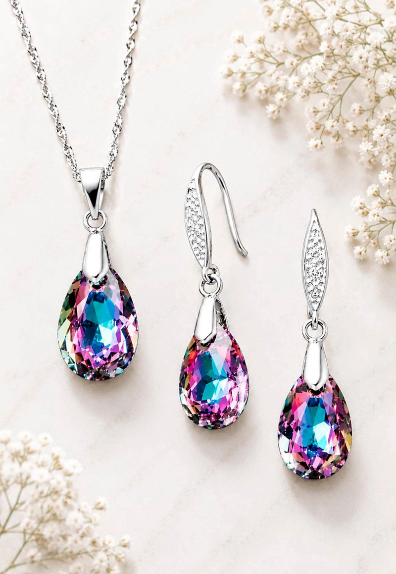 CONJUNTO JOYAS MONTERO PLATA ITALIANA 925 MILAN Y CRISTALES GENUINOS VITRAL LIGHT - 4