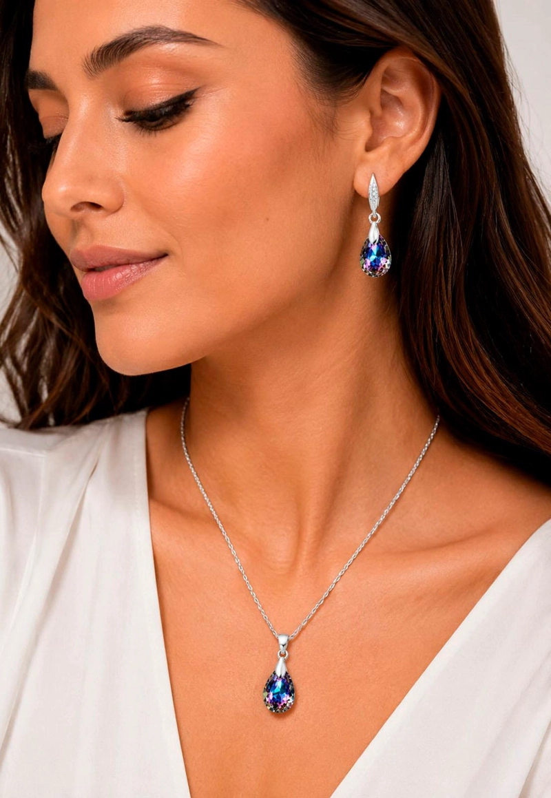 CONJUNTO JOYAS MONTERO PLATA ITALIANA 925 MILAN Y CRISTALES GENUINOS VITRAL LIGHT - 6