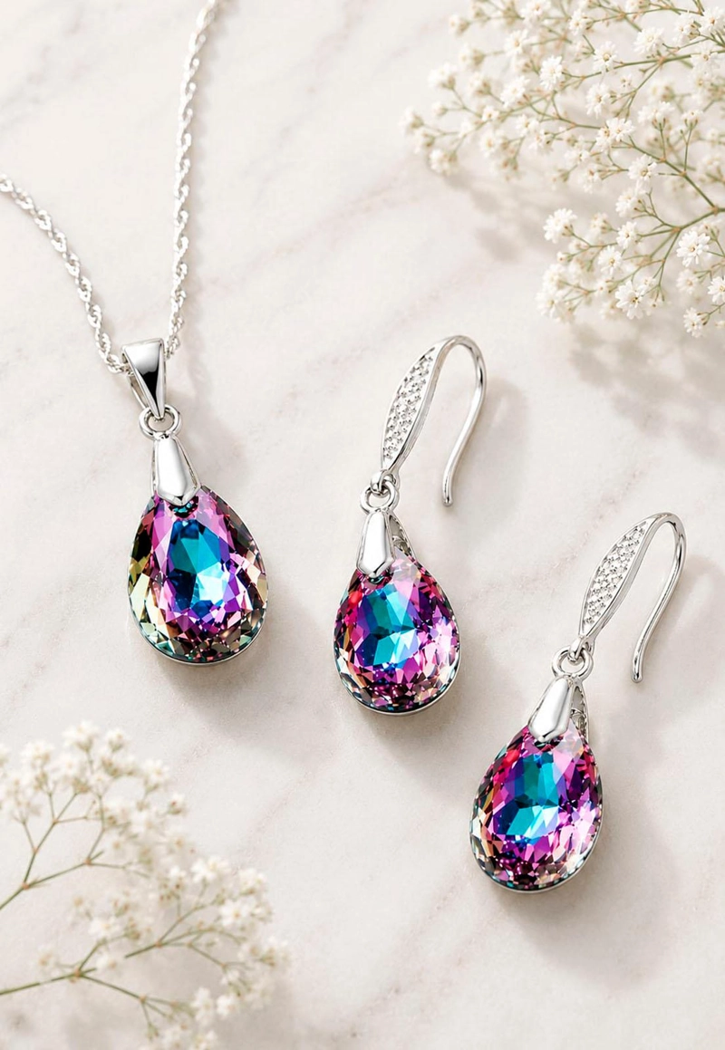 CONJUNTO JOYAS MONTERO PLATA ITALIANA 925 MILAN Y CRISTALES GENUINOS VITRAL LIGHT - 7