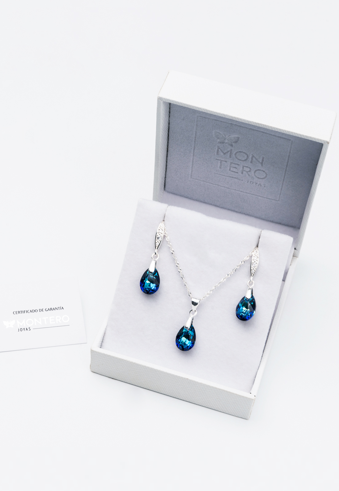 CONJUNTO MILAN PLATA ITALIANA 925 Y CRISTALES GENUINOS BERMUDA BLUE JOYAS MONTERO - 2
