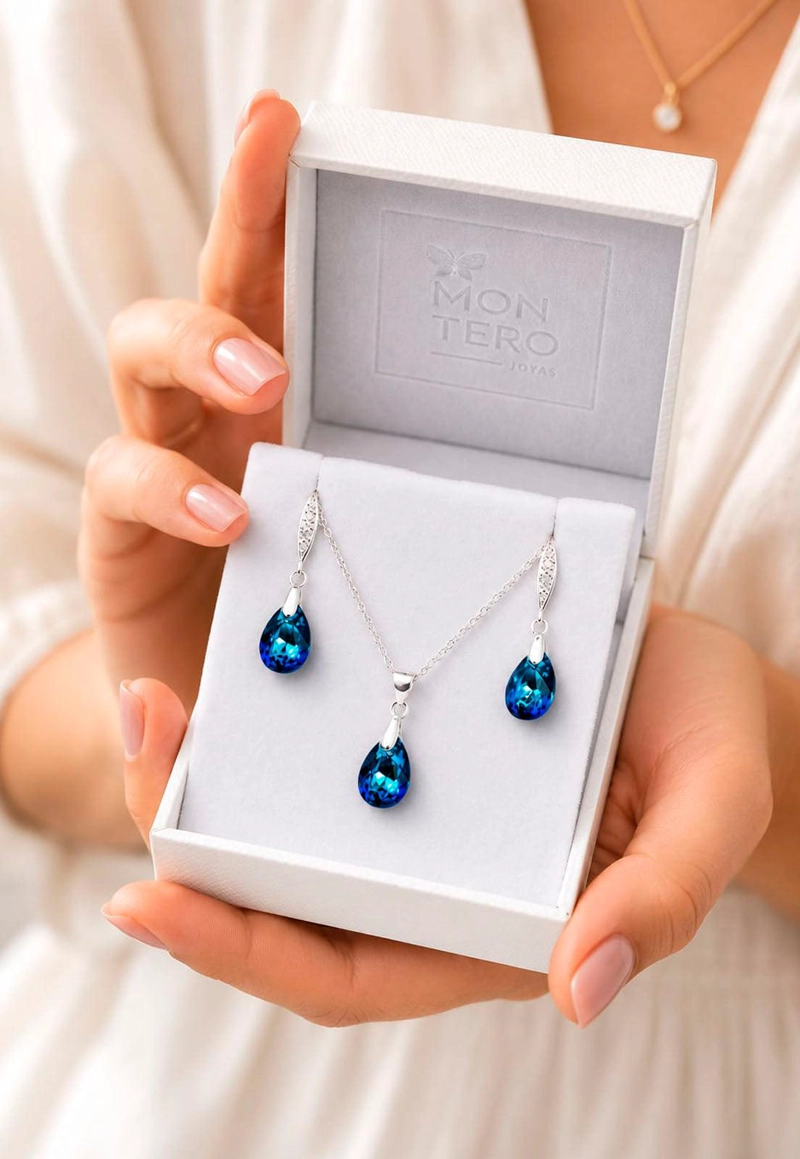CONJUNTO MILAN PLATA 925 CRISTAL SWAROVSKI®  BERMUDA BLUE - 6