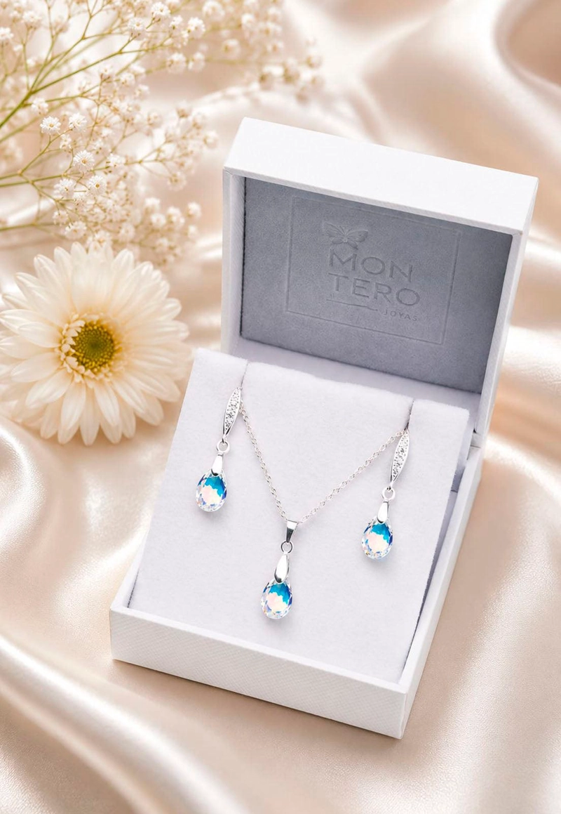 CONJUNTO JOYAS MONTERO PLATA ITALIANA 925 MILAN Y CRISTALES GENUINOS AURORA BOREAL - 2