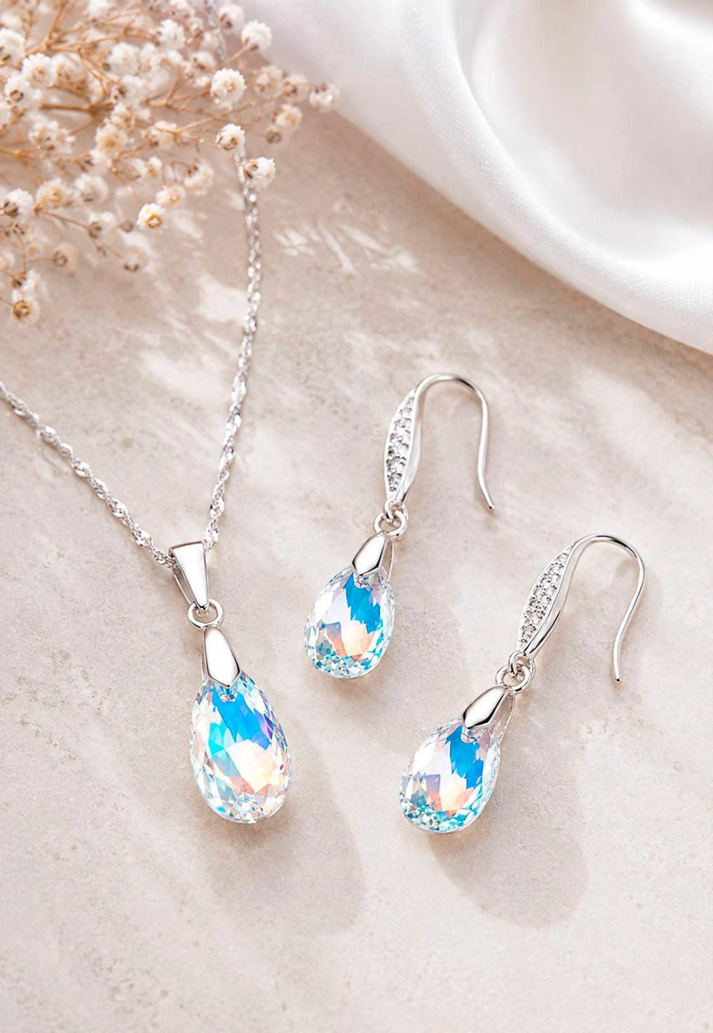 CONJUNTO JOYAS MONTERO PLATA ITALIANA 925 MILAN Y CRISTALES GENUINOS AURORA BOREAL - 3