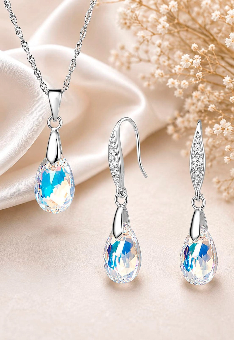 CONJUNTO JOYAS MONTERO PLATA ITALIANA 925 MILAN Y CRISTALES GENUINOS AURORA BOREAL - 7