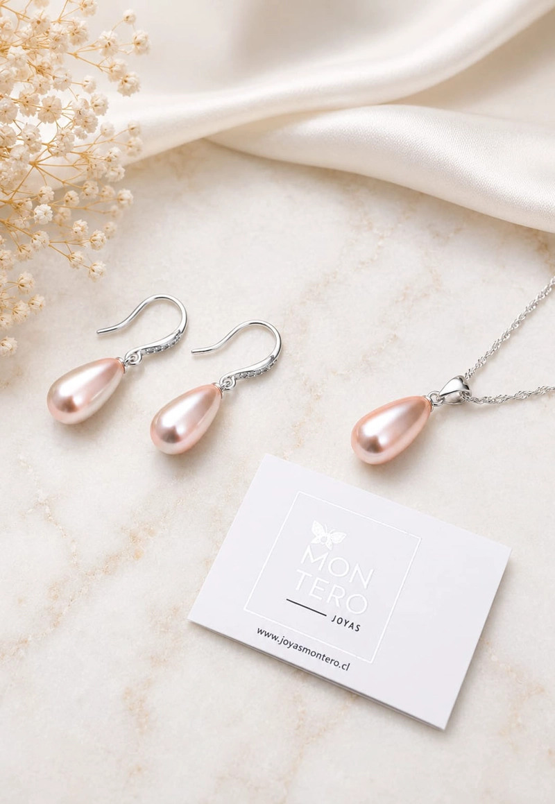 CONJUNTO JOYAS MONTERO PLATA ITALIANA 925 AROS + COLLAR MOSCU Y PERLA GENUINA PEACH - 2
