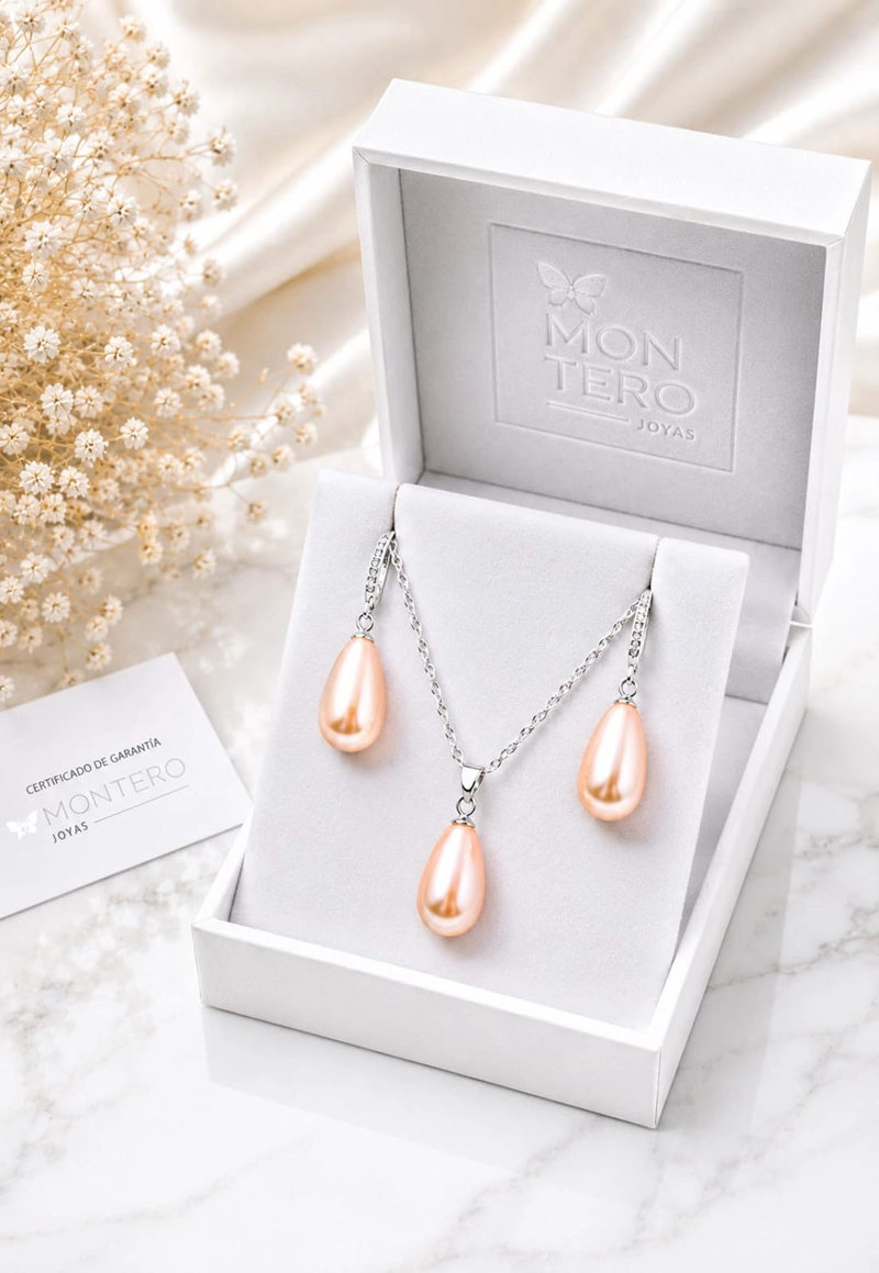 CONJUNTO JOYAS MONTERO PLATA ITALIANA 925 AROS + COLLAR MOSCU Y PERLA GENUINA PEACH - 3
