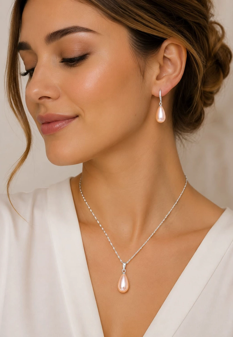 CONJUNTO JOYAS MONTERO PLATA ITALIANA 925 AROS + COLLAR MOSCU Y PERLA GENUINA PEACH - 4