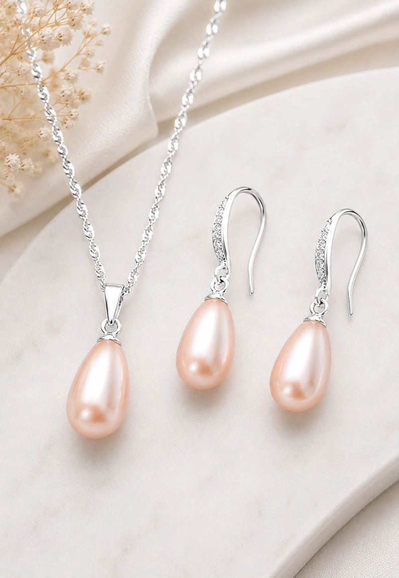 CONJUNTO JOYAS MONTERO PLATA ITALIANA 925 AROS + COLLAR MOSCU Y PERLA GENUINA PEACH - 5