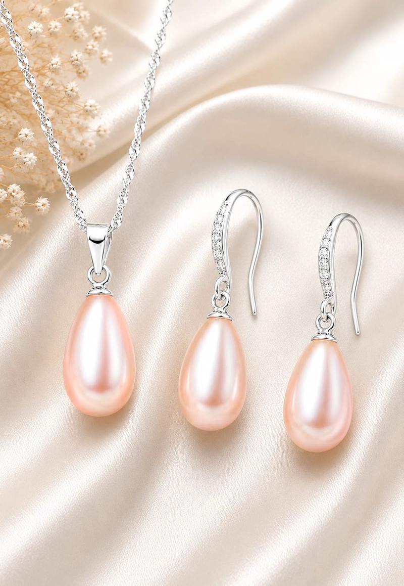 CONJUNTO JOYAS MONTERO PLATA ITALIANA 925 AROS + COLLAR MOSCU Y PERLA GENUINA PEACH - 7