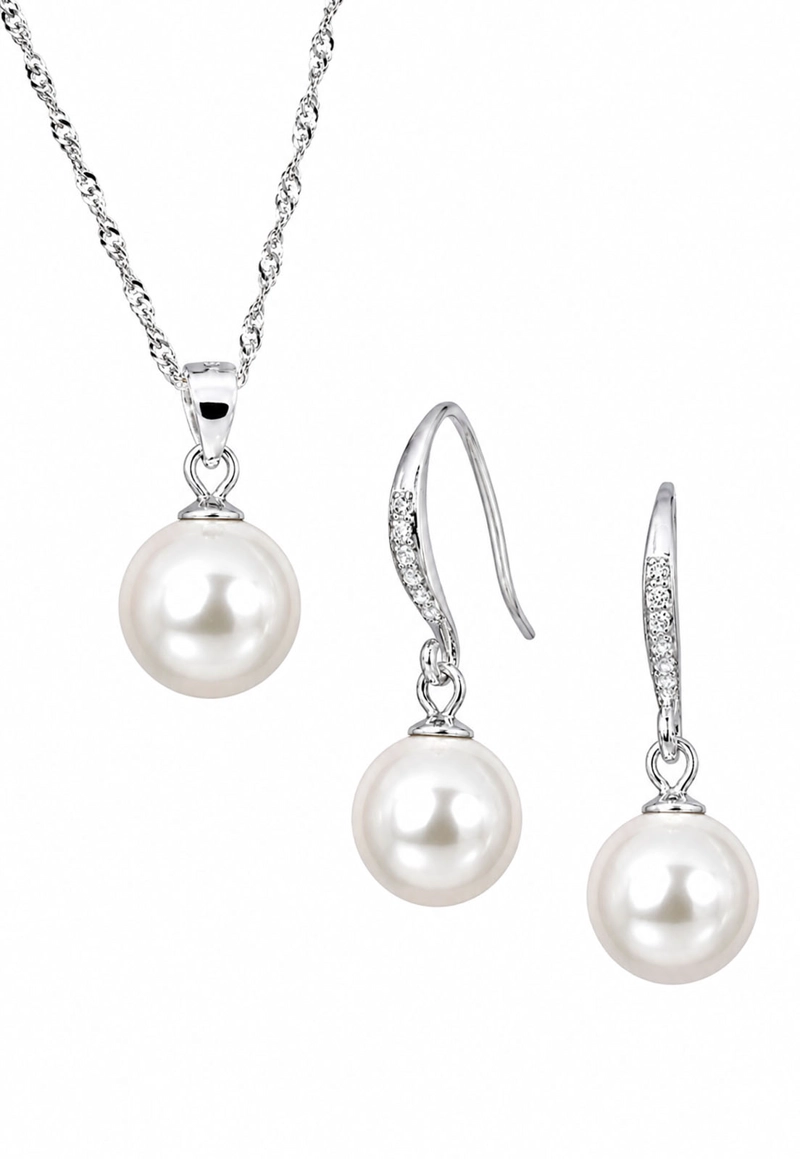 CONJUNTO JOYAS MONTERO PLATA ITALIANA 925 AROS + COLLAR OSLO Y PERLA GENUINA CREAM - 1