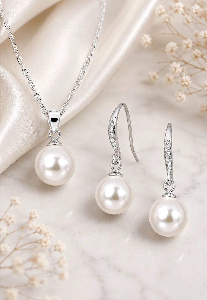 CONJUNTO JOYAS MONTERO PLATA ITALIANA 925 AROS + COLLAR OSLO Y PERLA GENUINA CREAM - 2