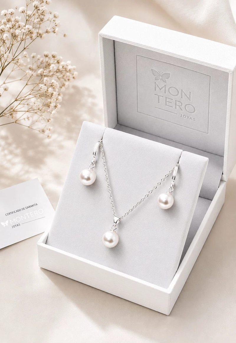 CONJUNTO JOYAS MONTERO PLATA ITALIANA 925 AROS + COLLAR OSLO Y PERLA GENUINA CREAM - 3