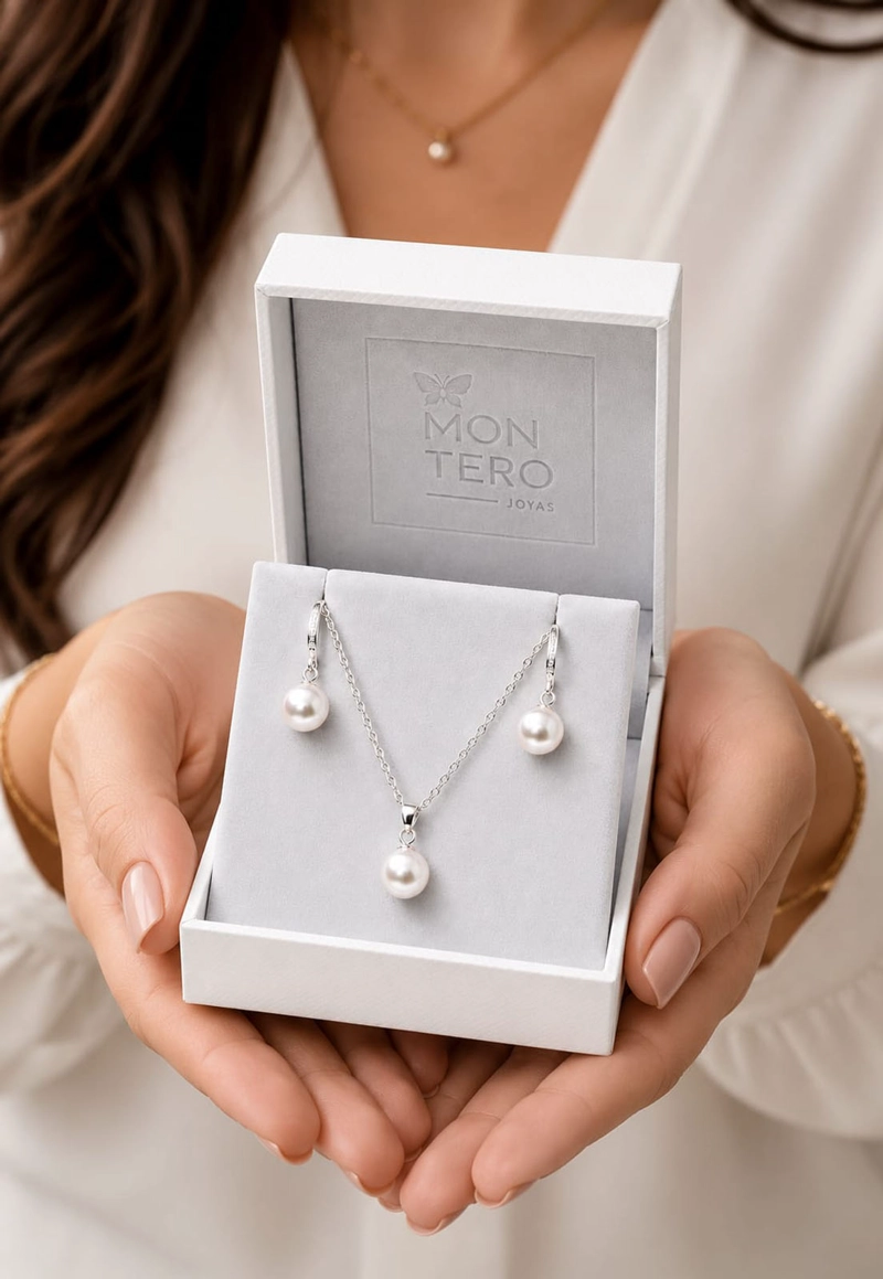 CONJUNTO JOYAS MONTERO PLATA ITALIANA 925 AROS + COLLAR OSLO Y PERLA GENUINA CREAM - 4