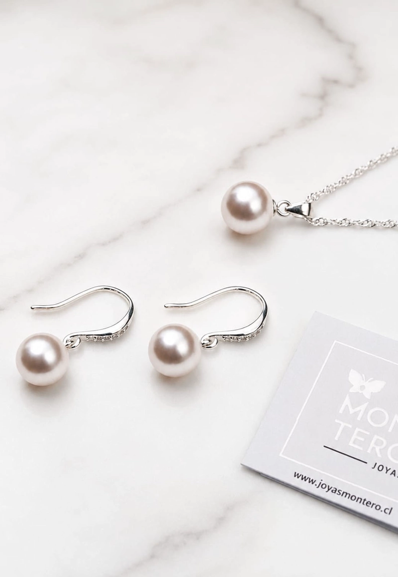 CONJUNTO JOYAS MONTERO PLATA ITALIANA 925 AROS + COLLAR OSLO Y PERLA GENUINA CREAM - 6