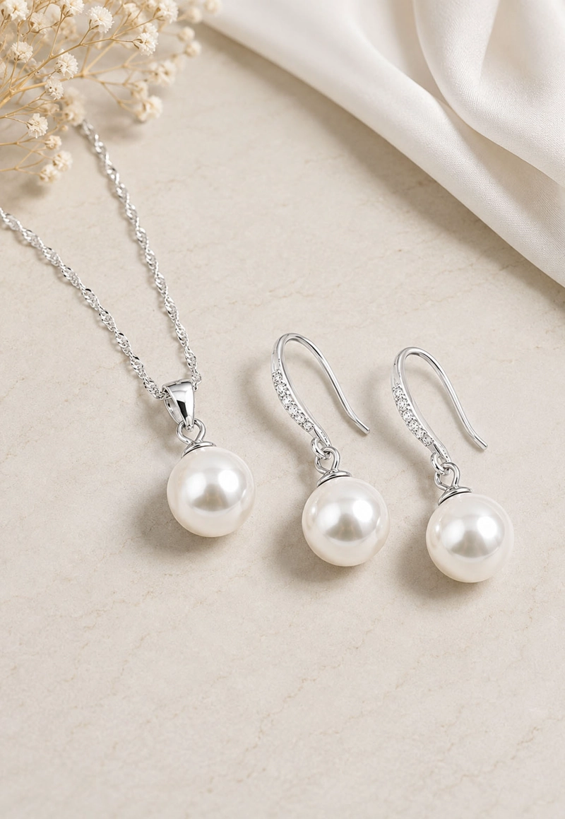 CONJUNTO JOYAS MONTERO PLATA ITALIANA 925 AROS + COLLAR OSLO Y PERLA GENUINA CREAM - 7