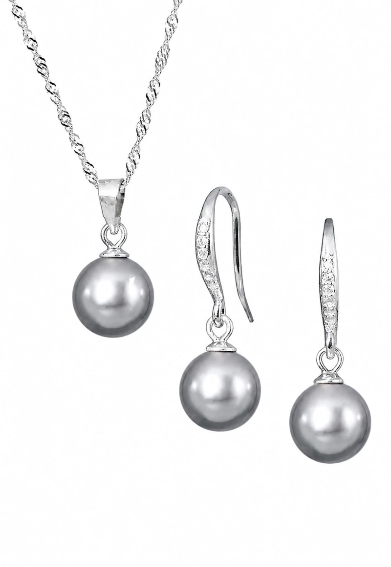 CONJUNTO JOYAS MONTERO PLATA ITALIANA 925 AROS + COLLAR OSLO Y PERLA GENUINA GREY - 1