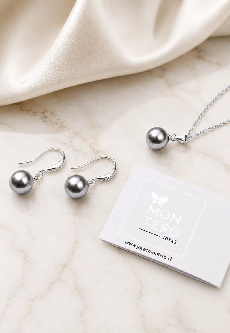 CONJUNTO JOYAS MONTERO PLATA ITALIANA 925 AROS + COLLAR OSLO Y PERLA GENUINA GREY - 2