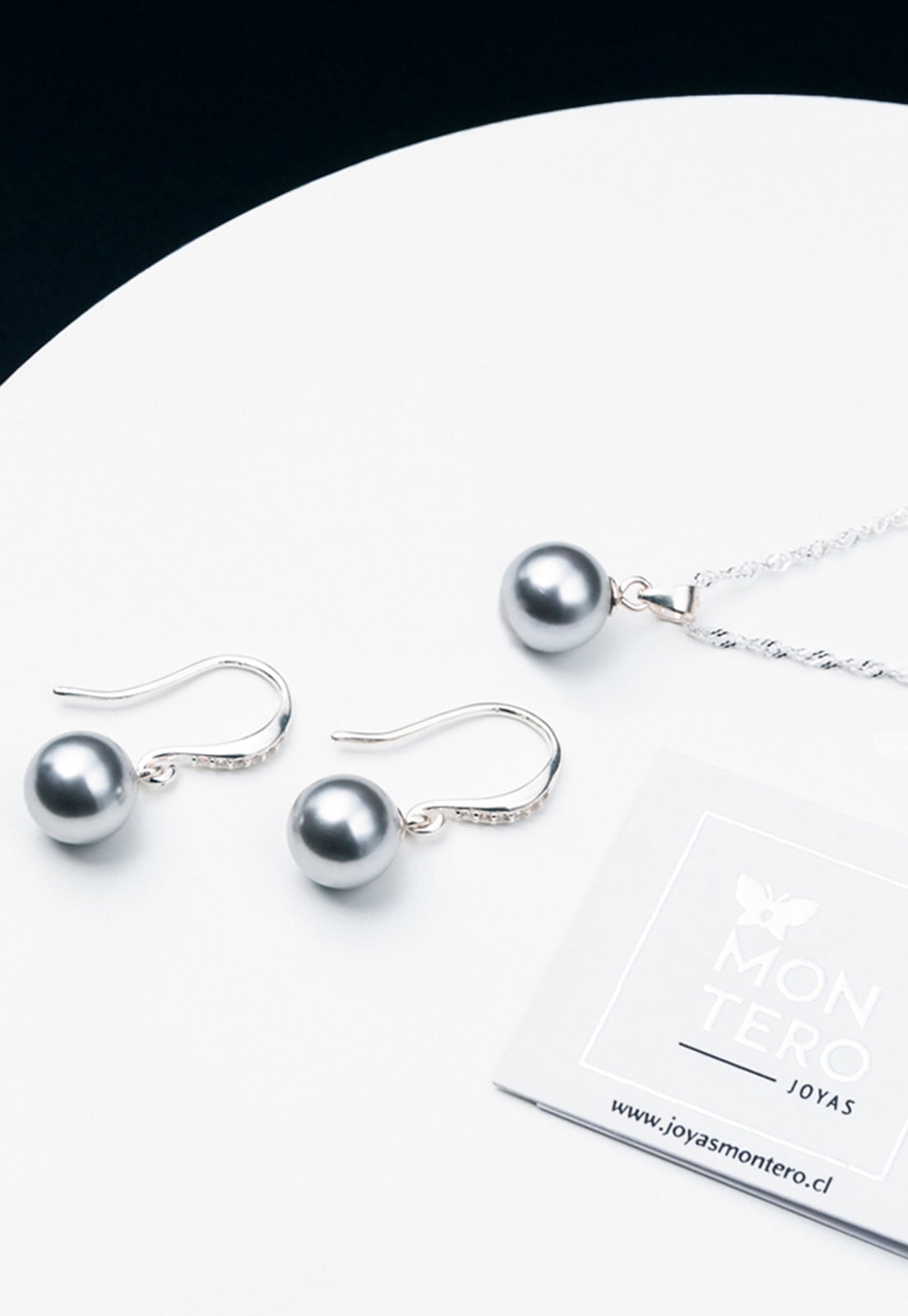 CONJUNTO JOYAS MONTERO PLATA ITALIANA 925 AROS + COLLAR OSLO Y PERLA GENUINA GREY - 2