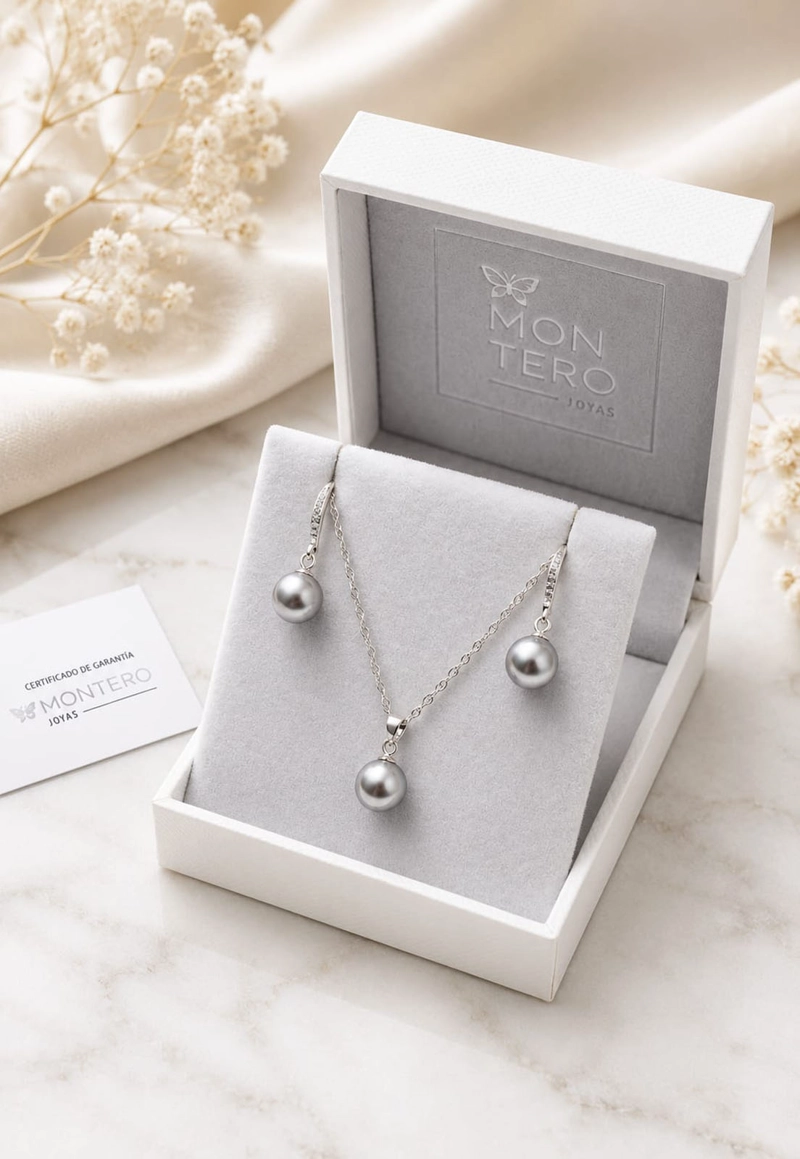CONJUNTO JOYAS MONTERO PLATA ITALIANA 925 AROS + COLLAR OSLO Y PERLA GENUINA GREY - 3
