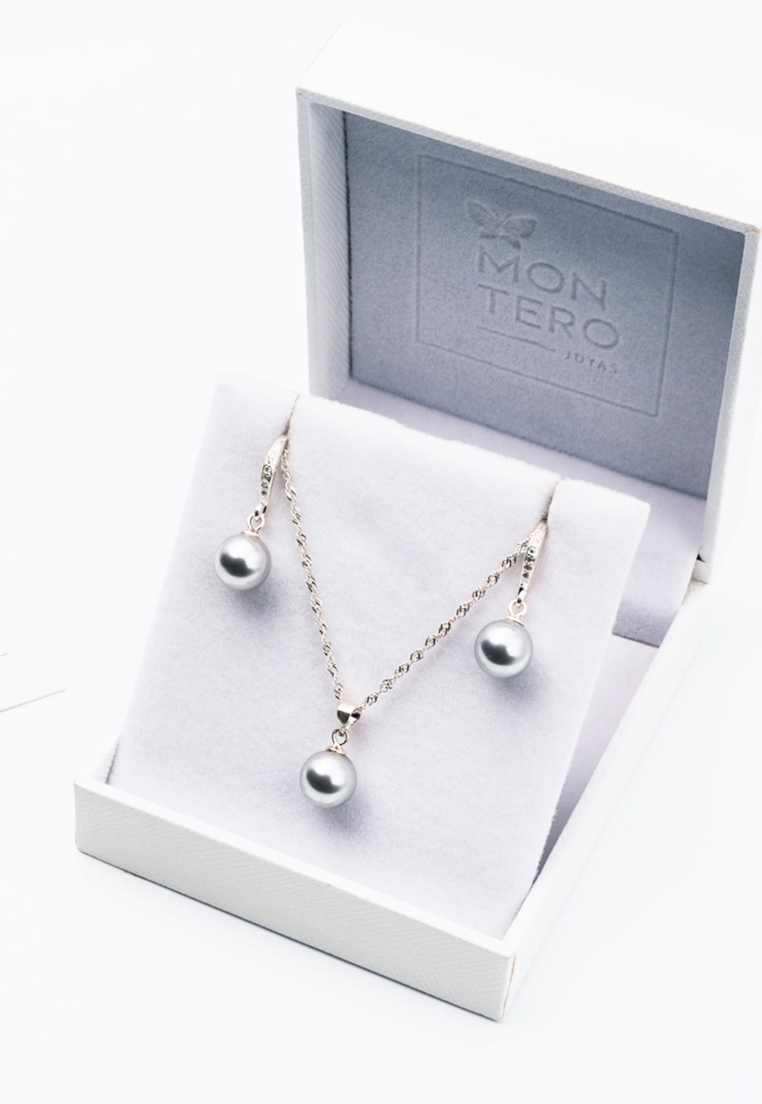 CONJUNTO JOYAS MONTERO PLATA ITALIANA 925 AROS + COLLAR OSLO Y PERLA GENUINA GREY - 3