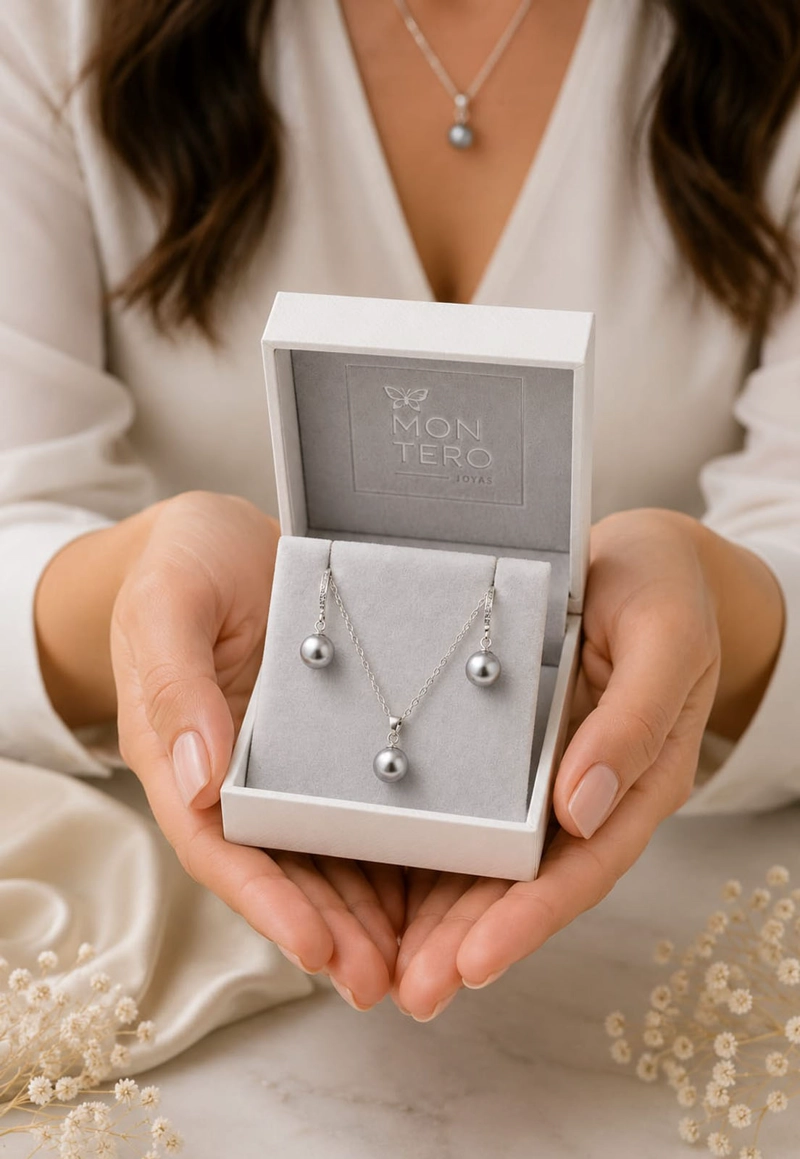 CONJUNTO JOYAS MONTERO PLATA ITALIANA 925 AROS + COLLAR OSLO Y PERLA GENUINA GREY - 4