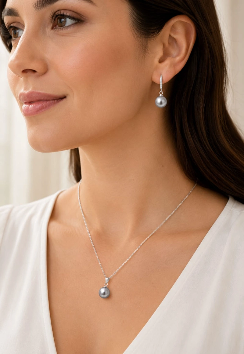 CONJUNTO JOYAS MONTERO PLATA ITALIANA 925 AROS + COLLAR OSLO Y PERLA GENUINA GREY - 5