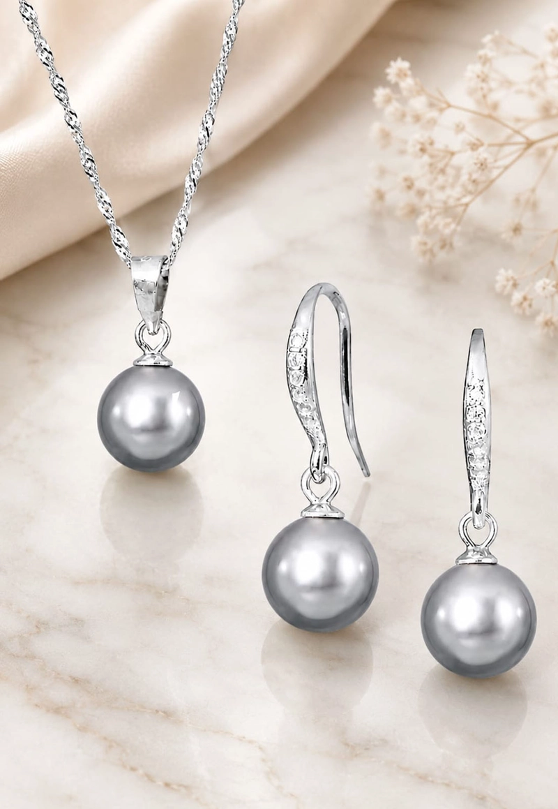 CONJUNTO JOYAS MONTERO PLATA ITALIANA 925 AROS + COLLAR OSLO Y PERLA GENUINA GREY - 6