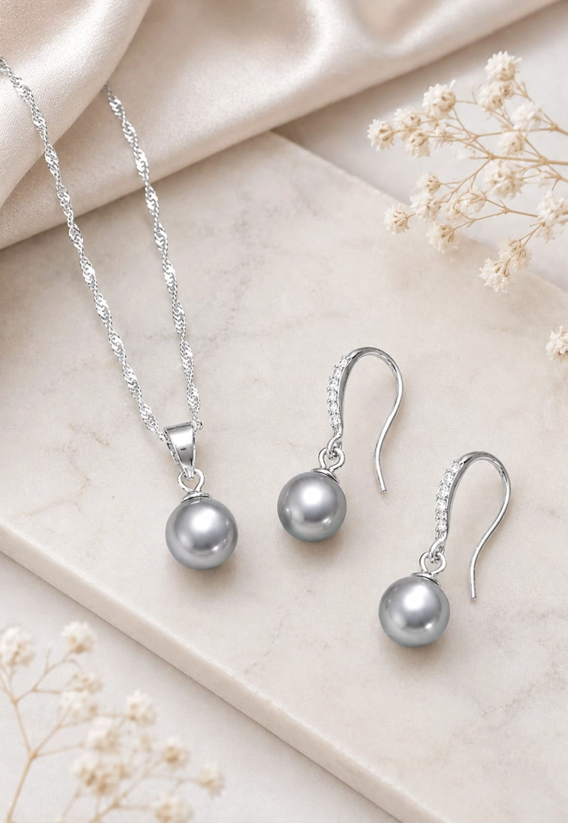 CONJUNTO JOYAS MONTERO PLATA ITALIANA 925 AROS + COLLAR OSLO Y PERLA GENUINA GREY - 7