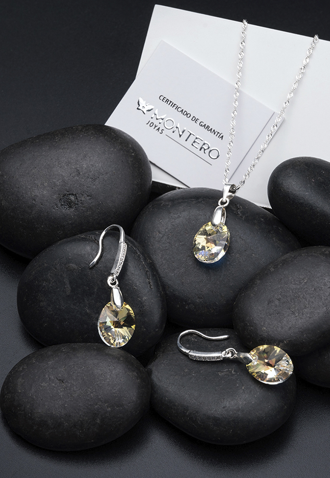 CONJUNTO JOYAS MONTERO PLATA ITALIANA 925 AROS + COLLAR PRAGA Y CRISTALES GENUINOS AURORA BOREAL - 2