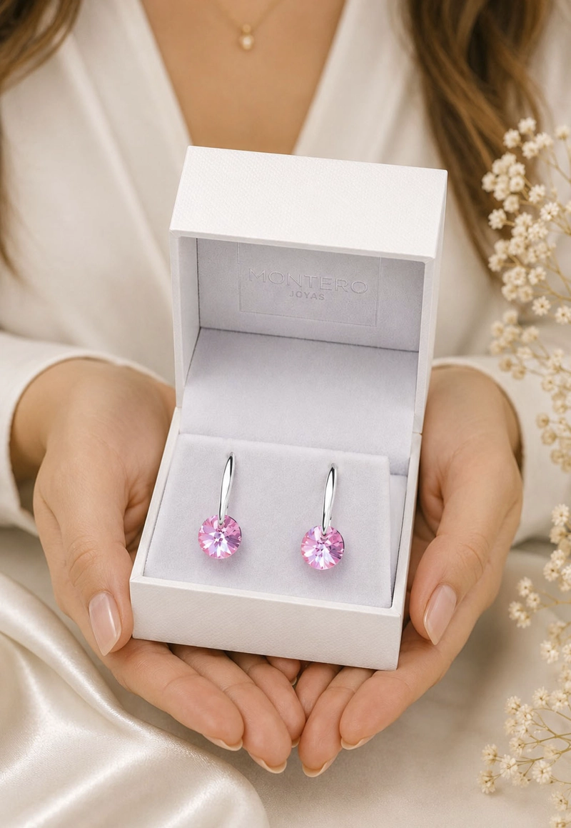 AROS JOYAS MONTERO PLATA ITALIANA 925 PUNTO DE LUZ Y CRISTALES GENUINOS LIGHT ROSE - 6