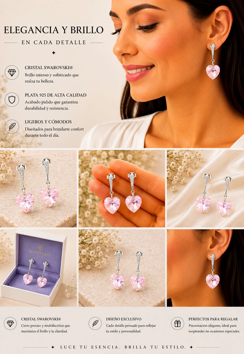 AROS JOYAS MONTERO ROMANCE PLATA 925 CRISTALES GENUINOS ROSE SHIMMER - 8