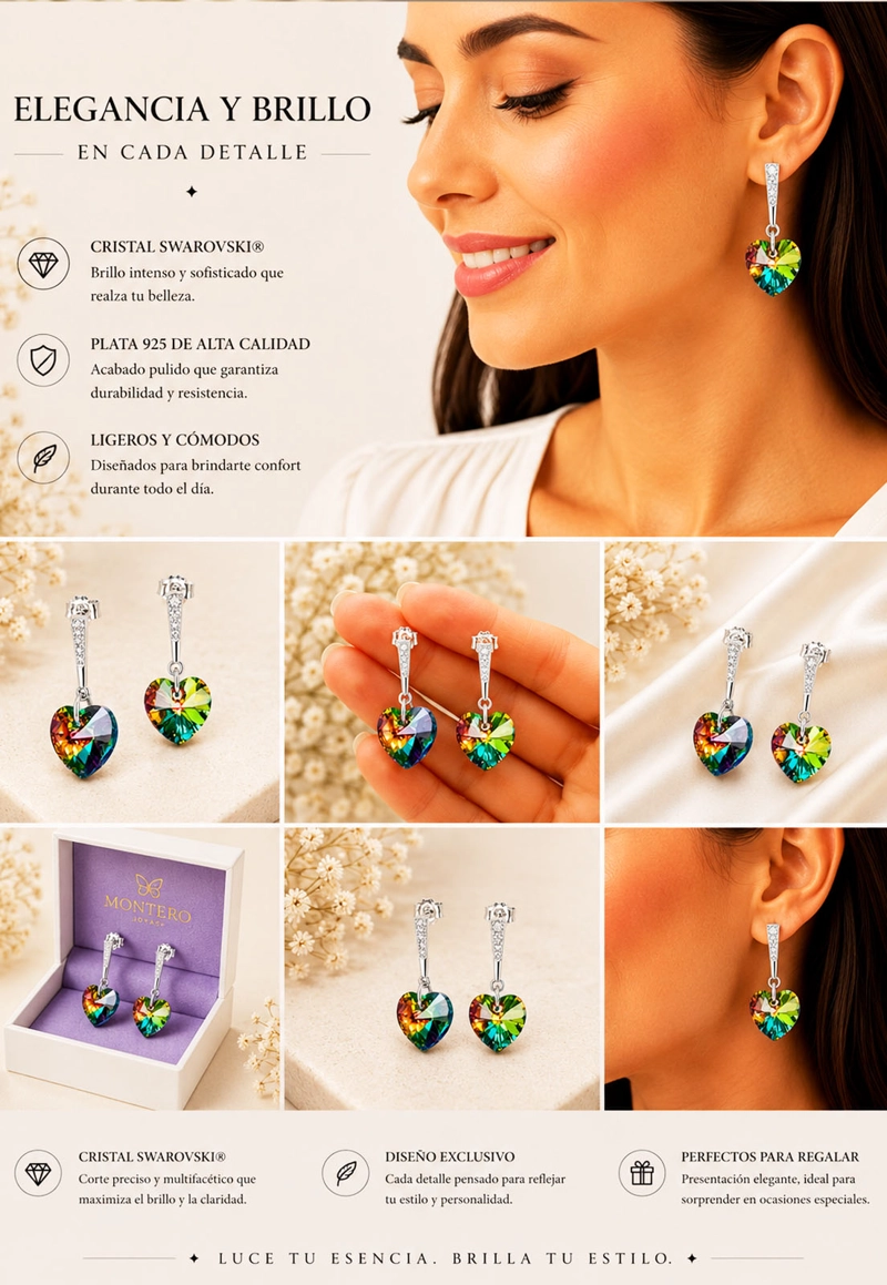 AROS MONTERO ROMANCE PLATA 925 CRISTALES GENUINOS VITRAL MEDIUM JOYAS - 7