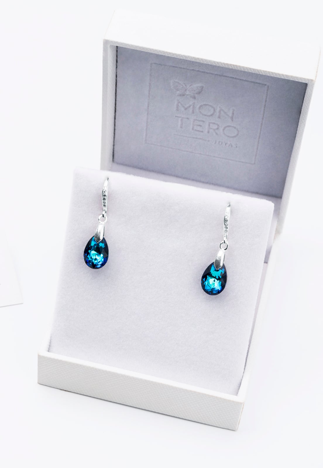 AROS GOTA DE LUZ PLATA ITALIANA 925 Y CRISTALES GENUINOS BERMUDA BLUE JOYAS MONTERO - 3